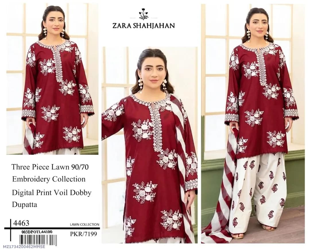 Maroon Embroidered 3-Piece Lawn Suit for Women