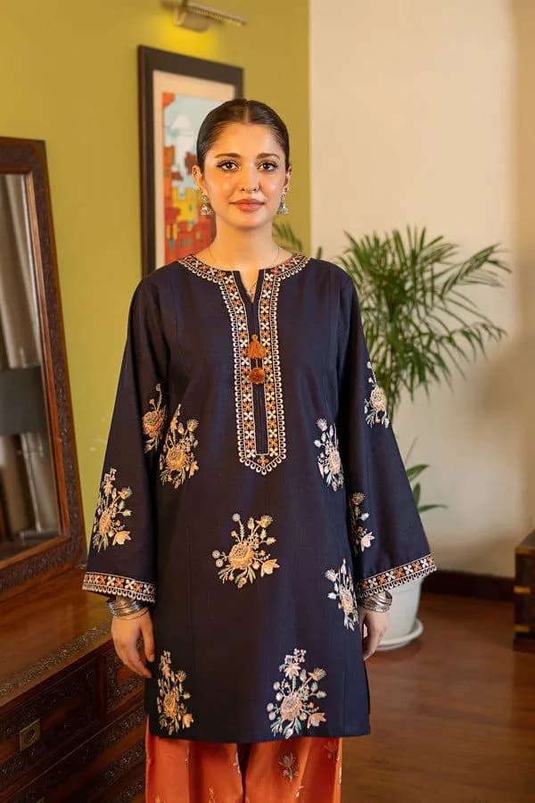 Blue Embroidered Lawn Kurta Set with Orange Trouser for Women