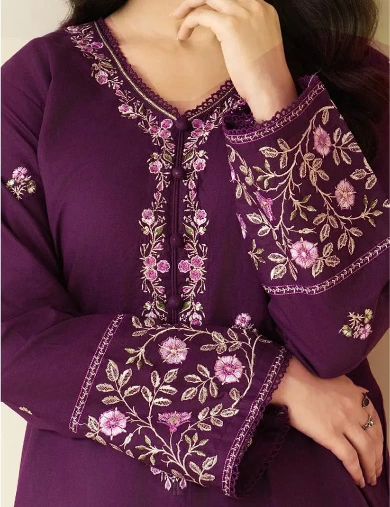 Purple Embroidered Lawn 2Pcs Kurta Set for Women