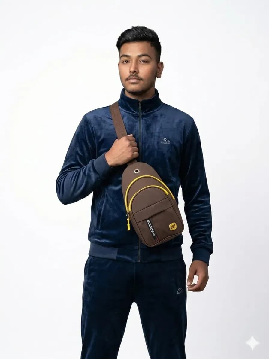 Men's Brown Yellow Sling Bag with Yellow Zipper