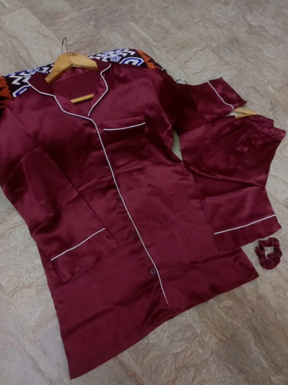 Maroon Silk 3PC Night Suit for Women