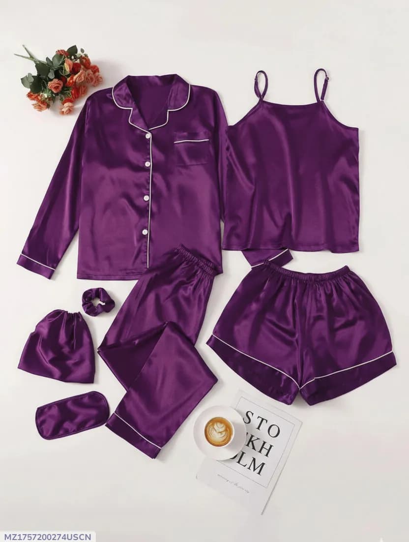 7 Pcs Women's Stitched Silk Piping Night suit