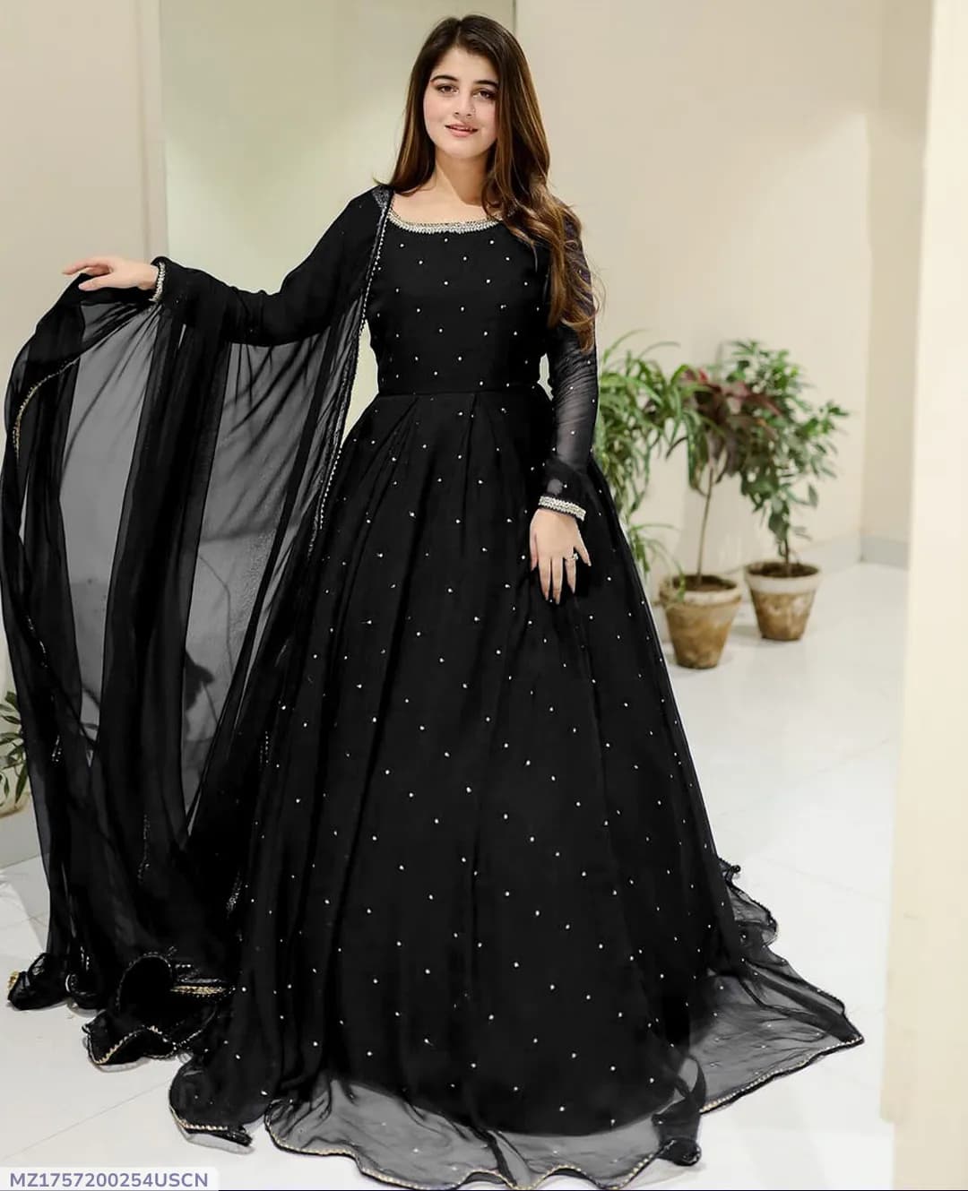Black Chiffon Pearls Maxi Suit 3PCs with Lace Dupatta