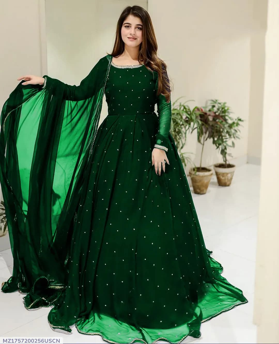 Green Chiffon Pearls Maxi Suit 3PCs with Lace Dupatta