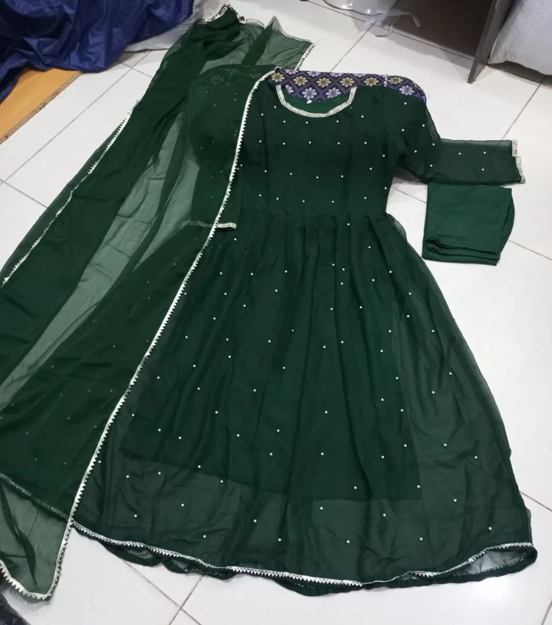 Green Chiffon Pearls Maxi Suit 3PCs with Lace Dupatta