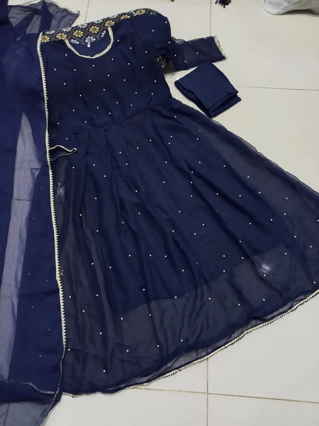 Blue Chiffon Pearls Maxi Suit 3PCs with Lace Dupatta