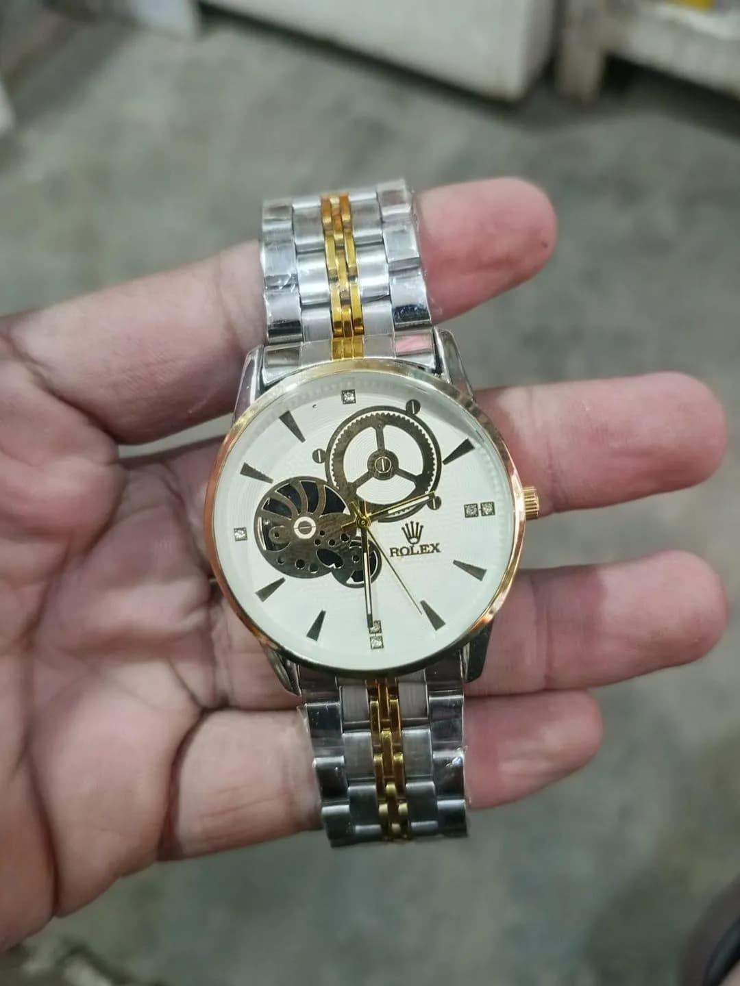 Men's Stainless Steel Skeleton Watch 45mm Gold Baton