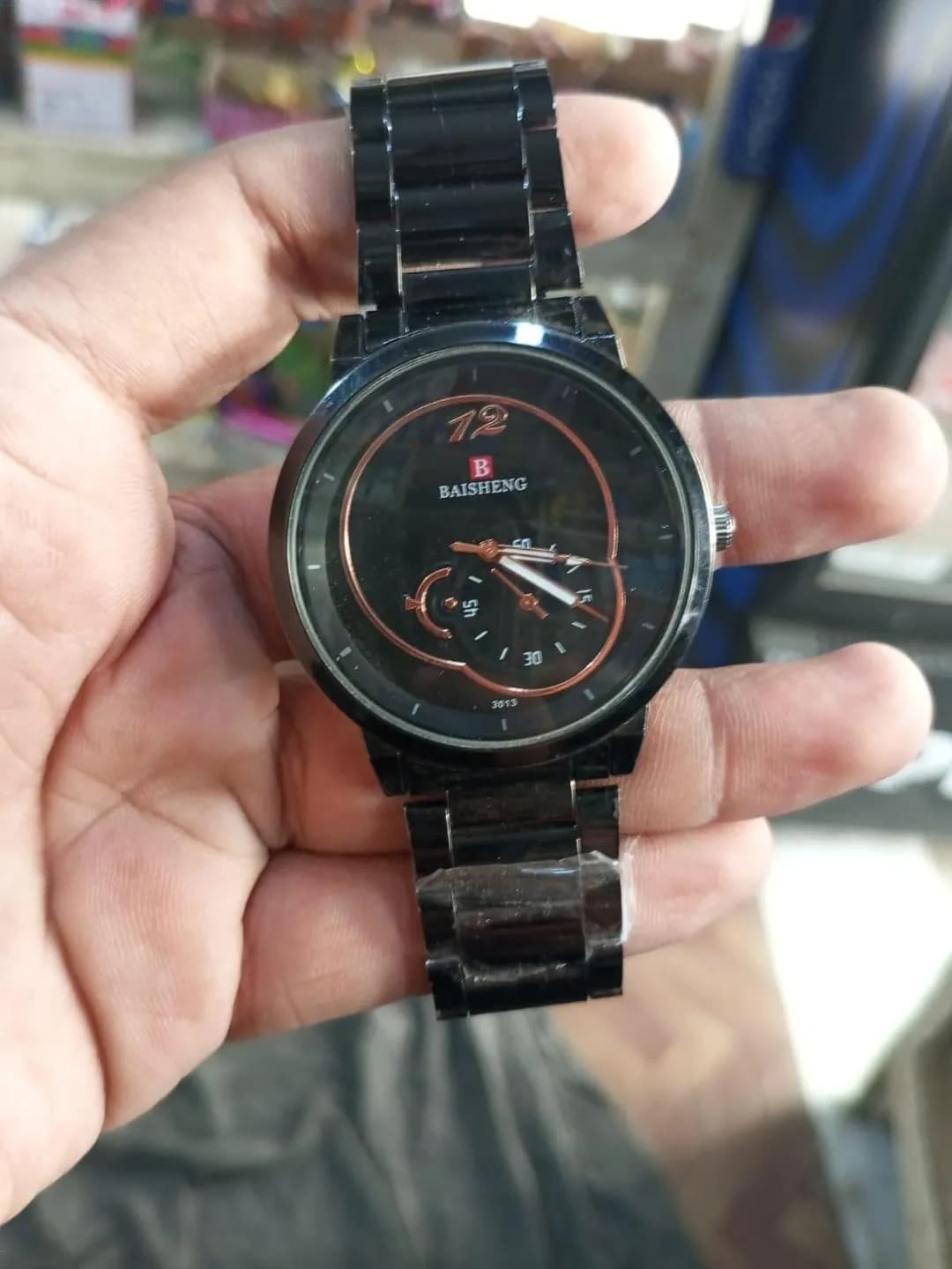 Baisheng Black Analog Wristwatch with Copper Rose Dial