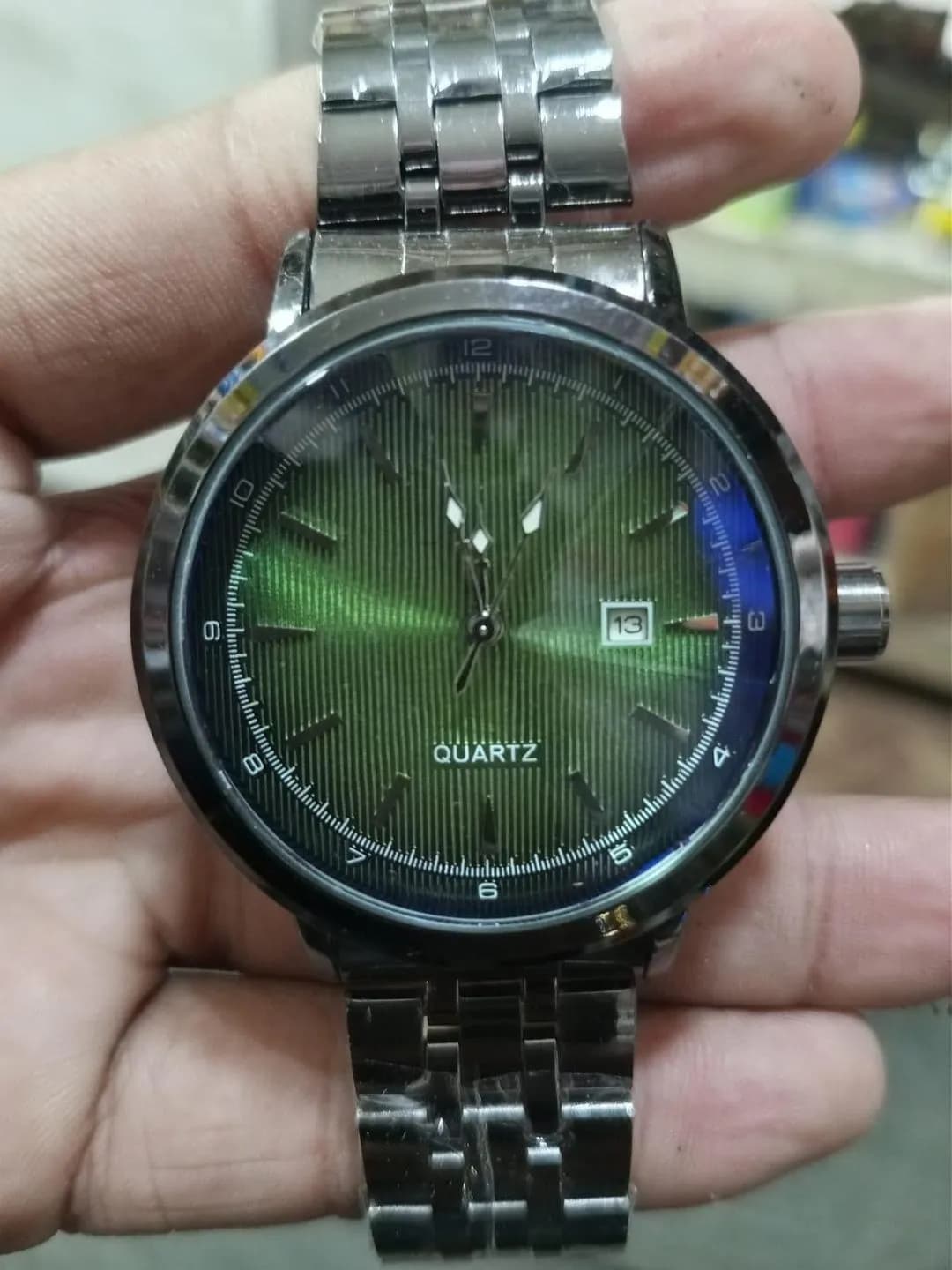Men's Green Sunburst Quartz Watch with Stainless Steel Band