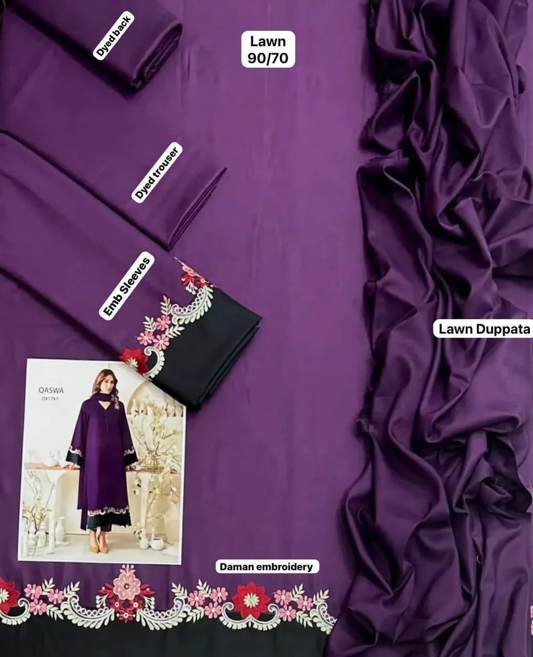 Purple Lawn Embroidered 3Pcs Set for Women