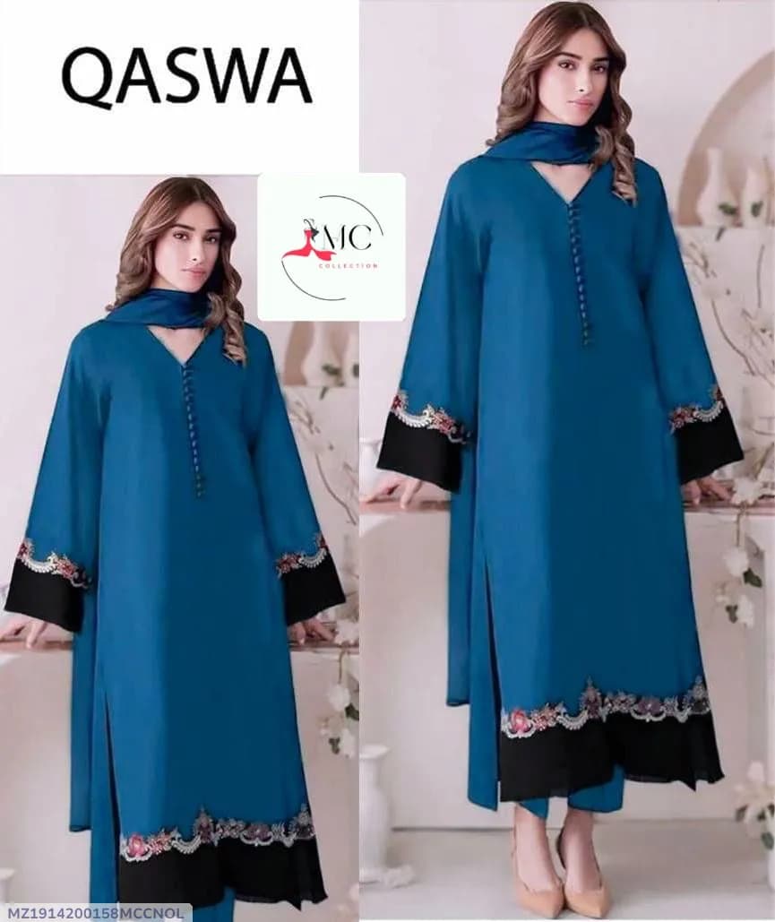 Qaswa 3Pcs Embroidered Lawn Suit Blue Black