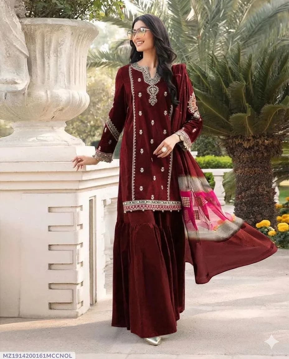 Maroon Embroidered Lawn 3Pcs Set for Women