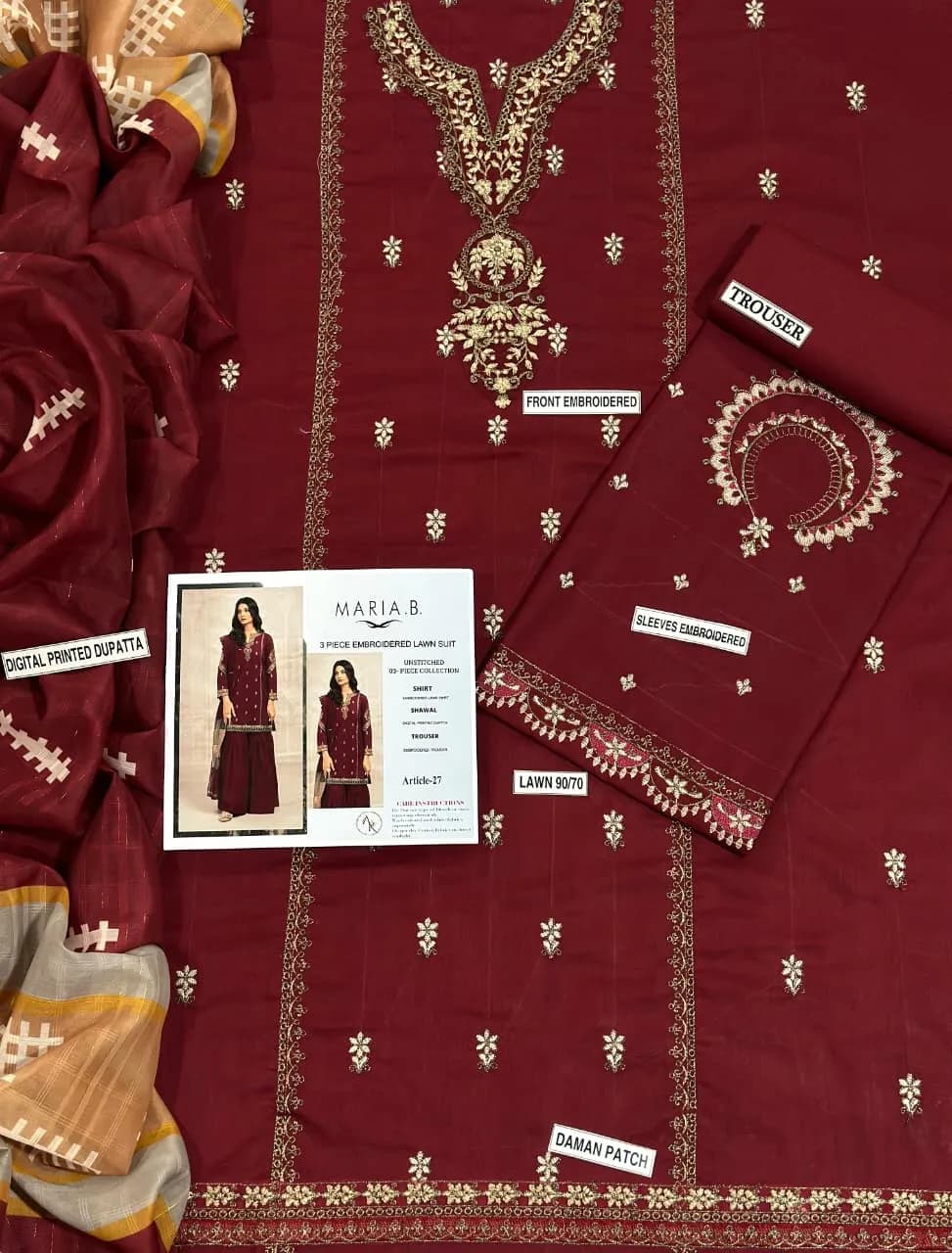 Maroon Embroidered Lawn 3Pcs Set for Women