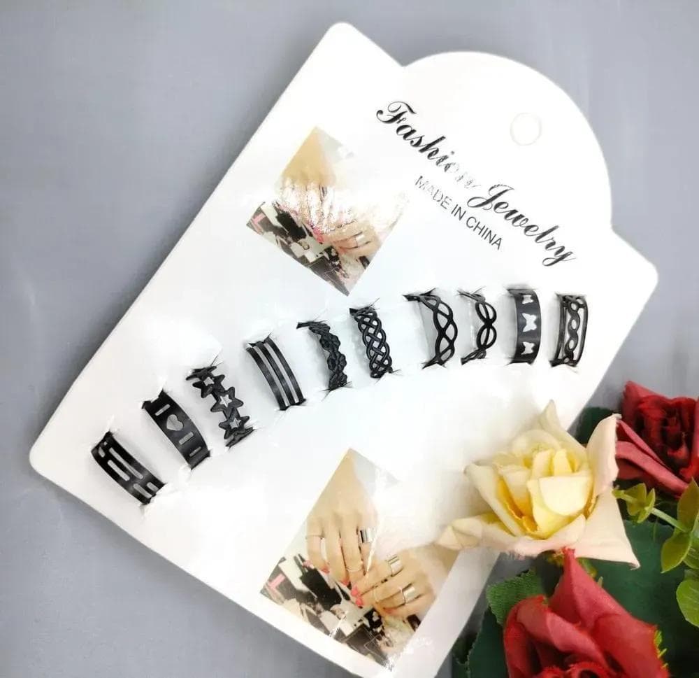10-Piece Adjustable Black Ring Set for Women