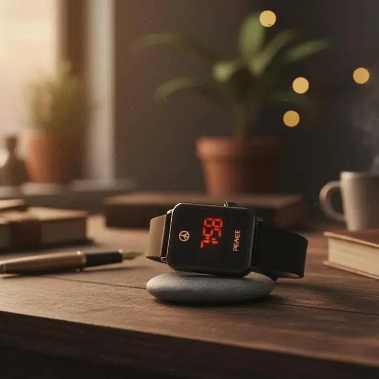 Men's Red LED Digital Watch Black Leather Strap