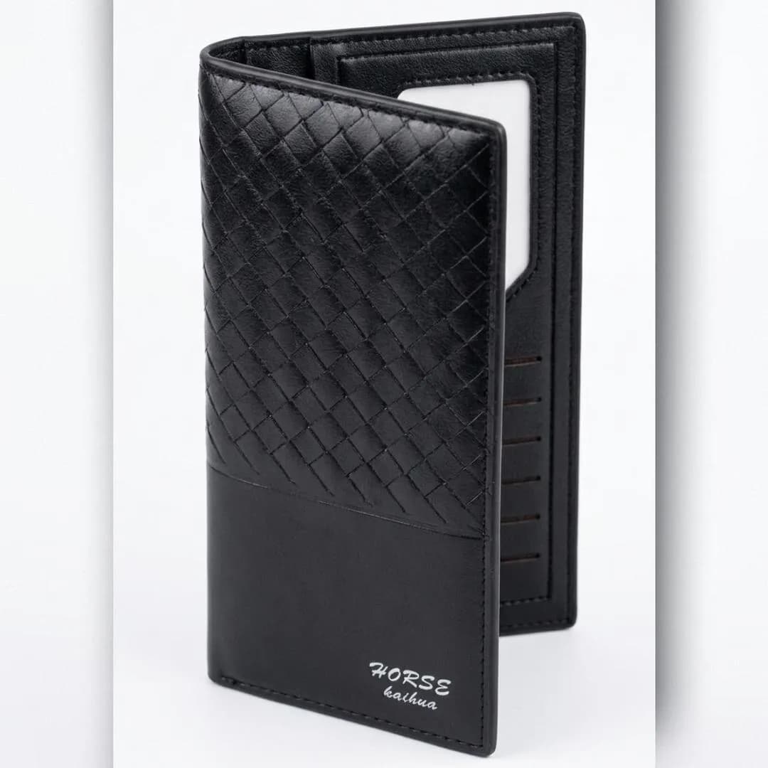 Men's Black Leather Bi-Fold Wallet with Embroidered Design