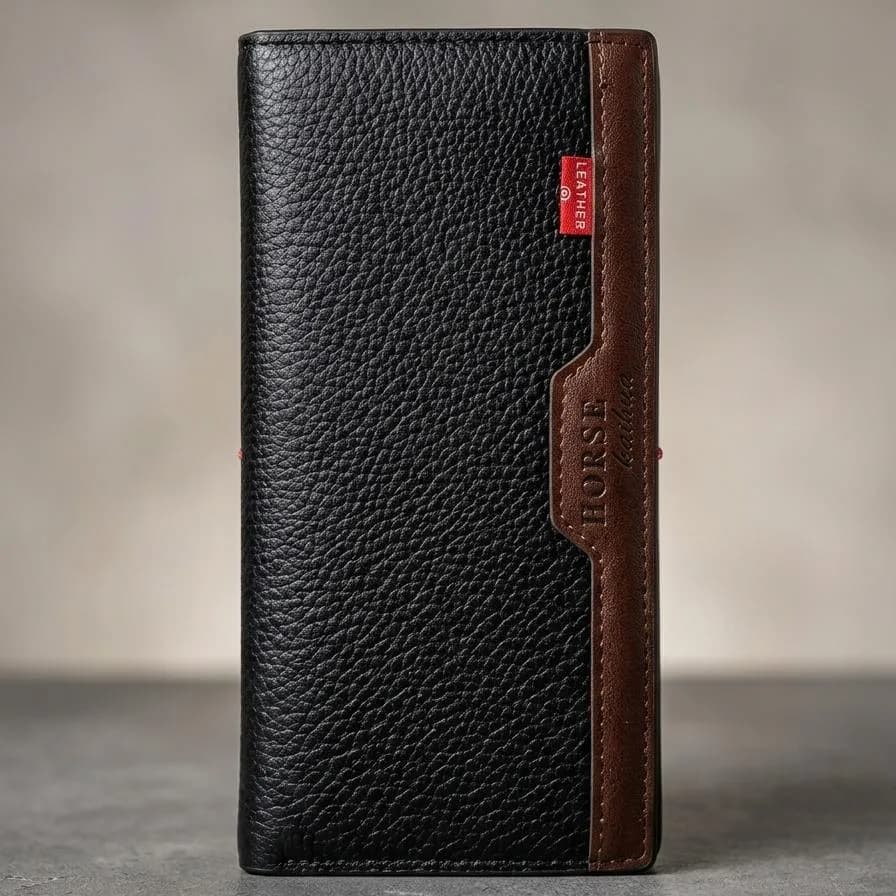 Men's Black Leather Bi-Fold Wallet with Brown Trim