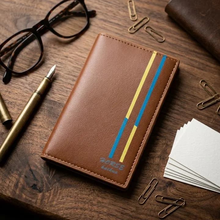 Men's Leather Bi-Fold Wallet with Blue & Gold Stripe