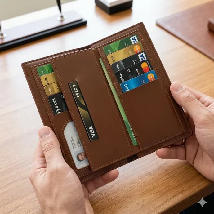 Men's Leather Slim Wallet Black Brown 12 Card Slots