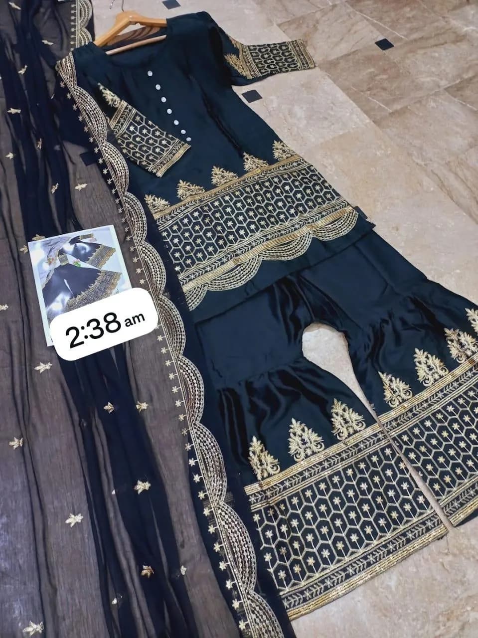Black Sequins Gharara Set 3Pcs Shamoz Silk Party Wear