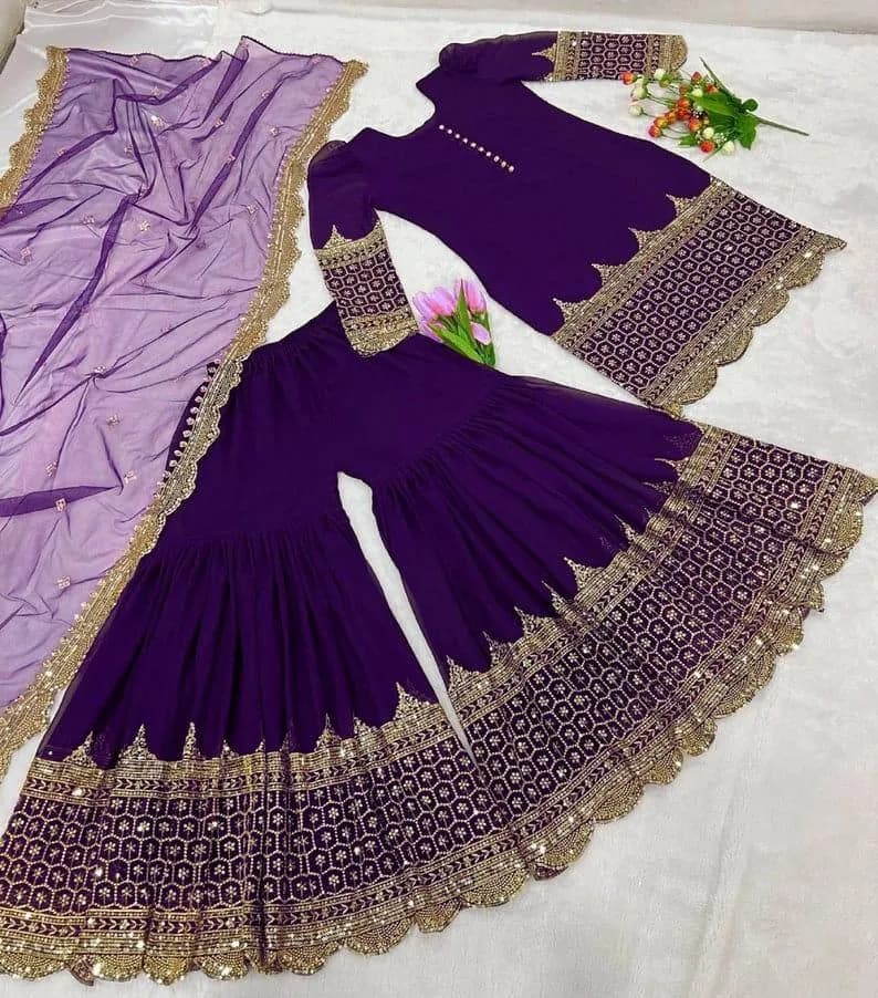 Purple Sequin Embroidered 3-Piece Wedding Set