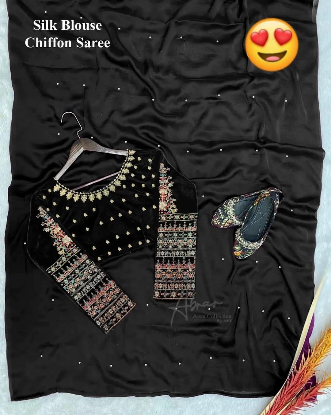 Black Chiffon Saree Set with Embroidered Blouse & 300+ Pearls