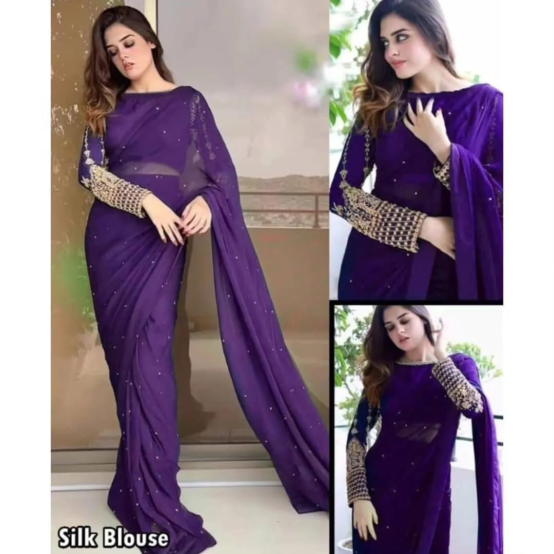 Purple Silk Chiffon Saree Set with Sequin Embroidery