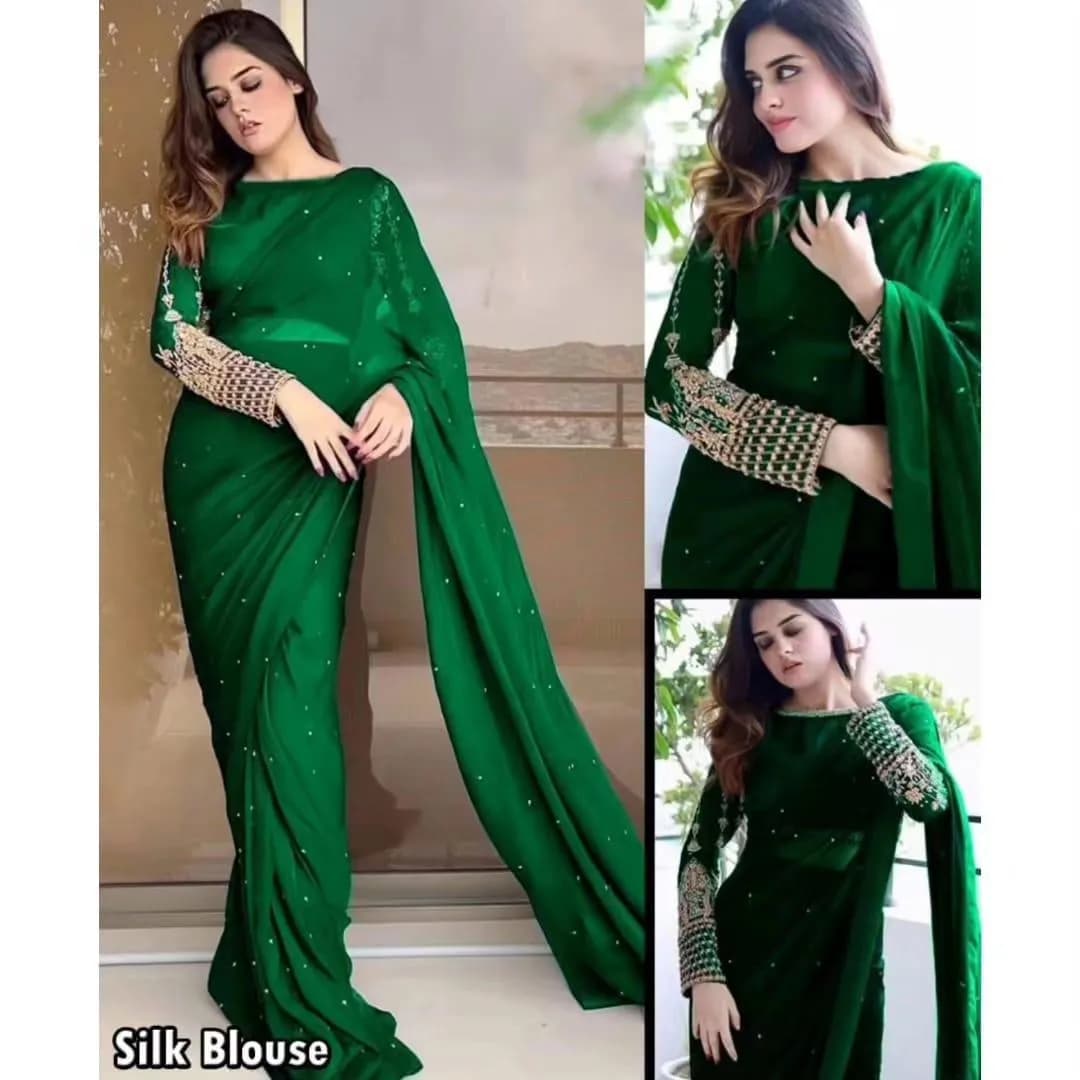 Green Chiffon Sequins Embroidered Saree with Silk Blouse Set