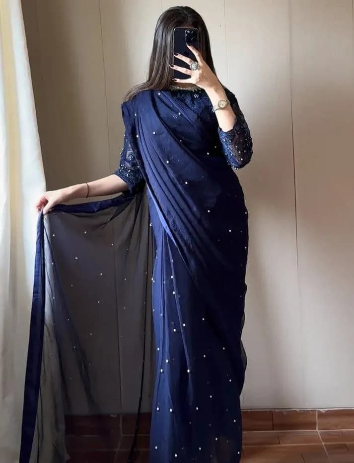 Blue Chiffon Saree with Sequins & Pearls for Weddings