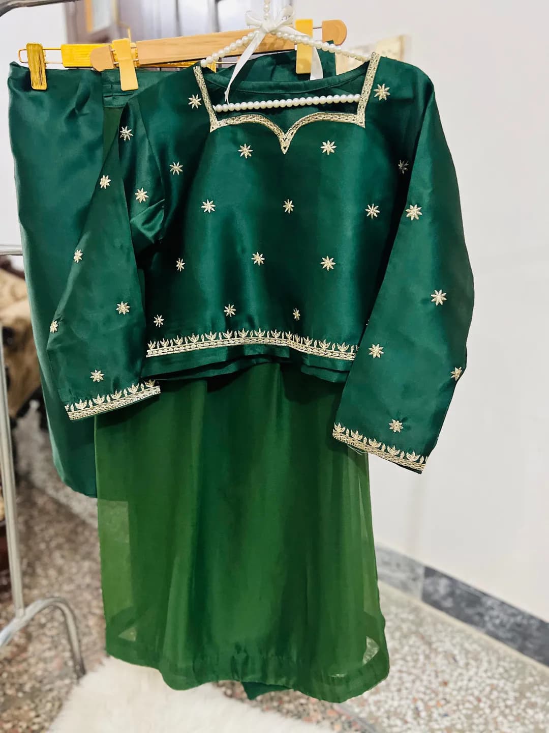 Stitched Chiffon Saree with Star Embroidery Green