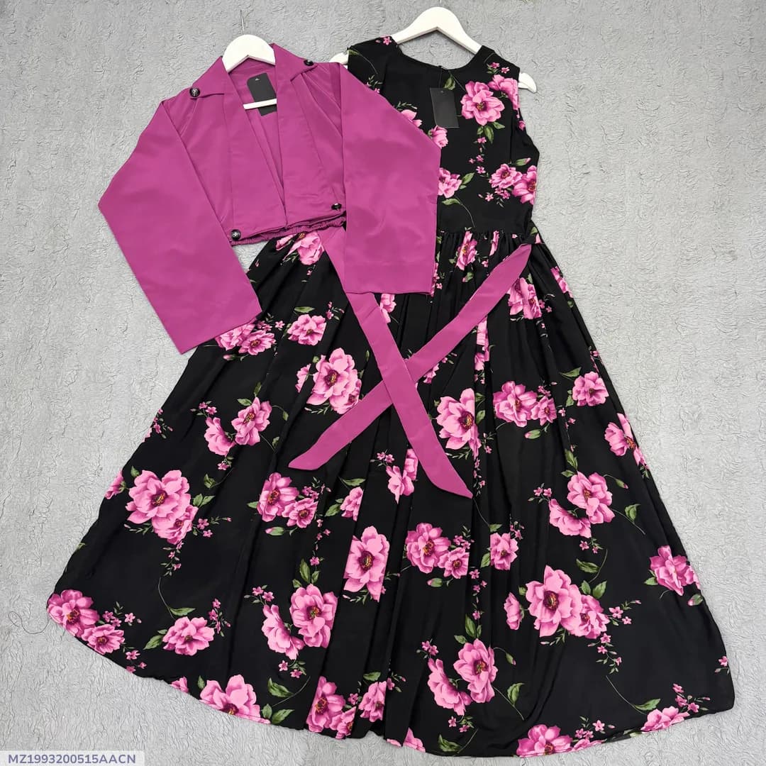 Black Floral Maxi Dress with Pink Sleeves & Belt