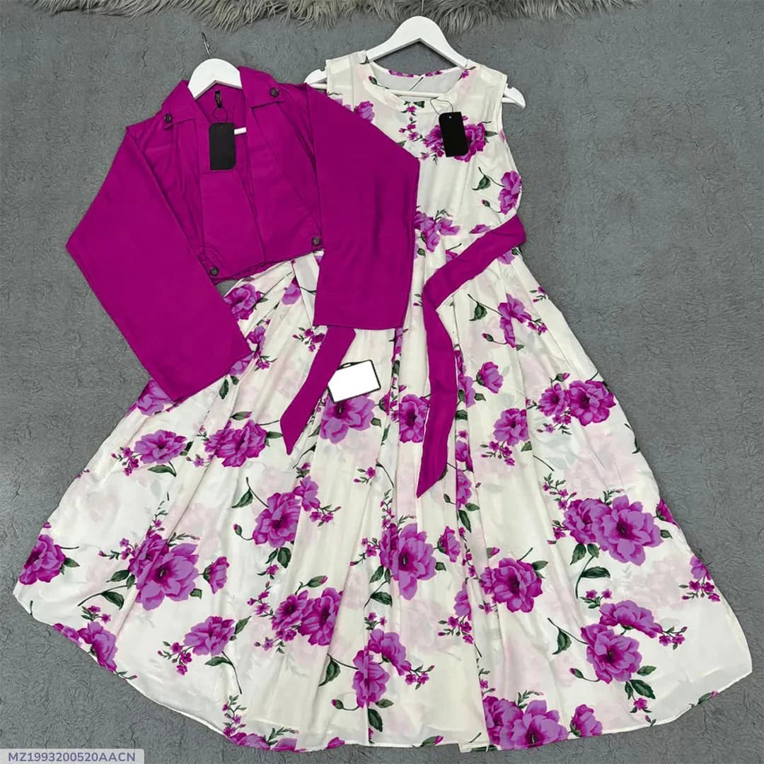 Women Pink Floral Belted Maxi Dress with Cotton Koti