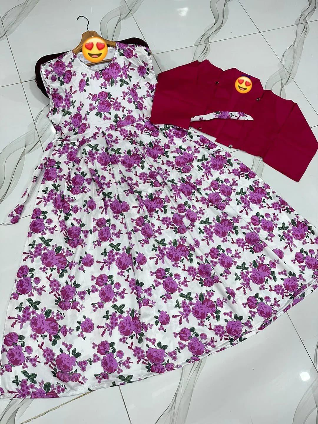 Women Pink Floral Belted Maxi Dress with Cotton Koti