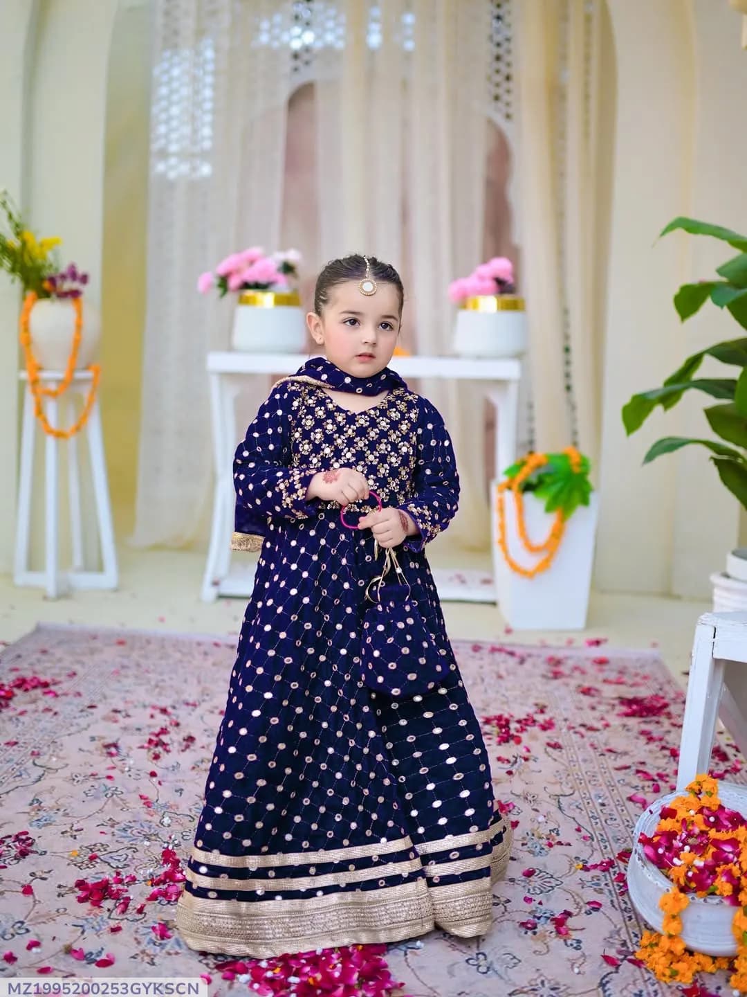 Kids Eid Heavy Embroidered Navy Blue Maxi Dress 9MM