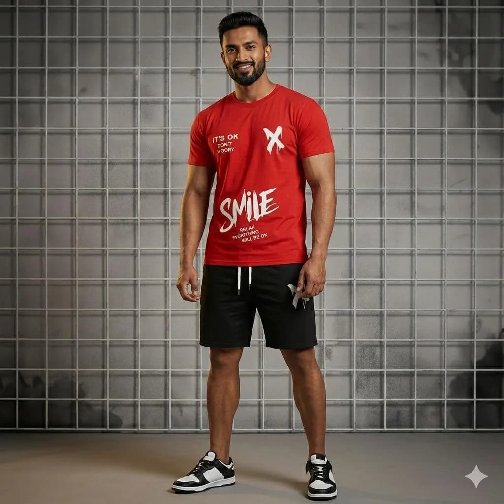 Men Printed Red Track Suit 2Pcs Polyester Summer