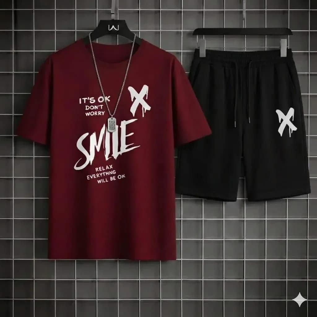 2 Pcs Men's Polyester Printed T-Shirt & Shorts Tracksuit