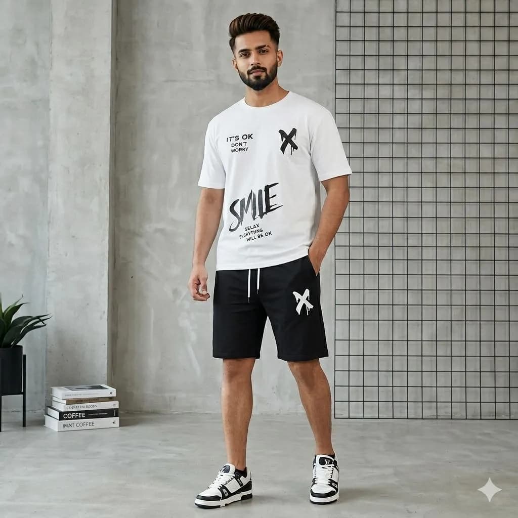 Men Graphic Cotton Shorts Set White Black XL