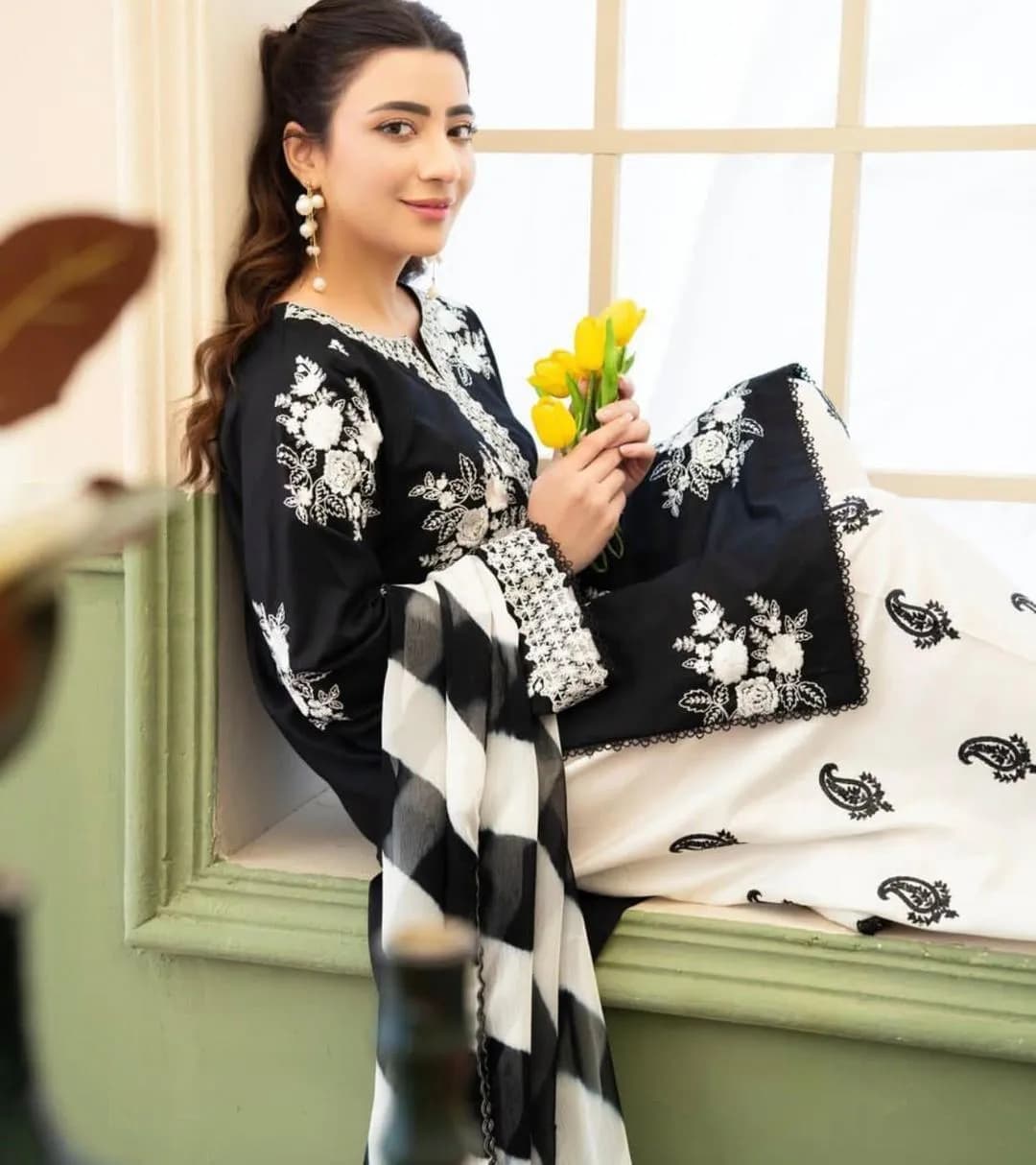 Black Embroidered Pajama Set with Printed Shawl