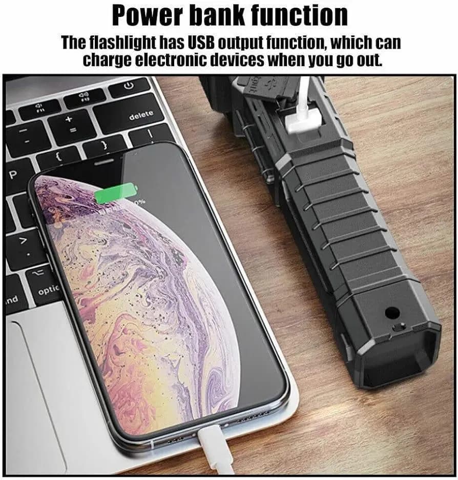 Rechargeable LED Flashlight with USB Power Bank Black