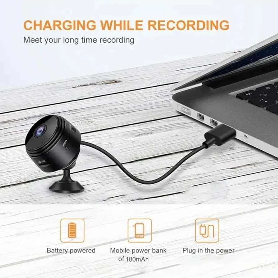 Rechargeable Mini Camera 360 Rotating Base Black ABS