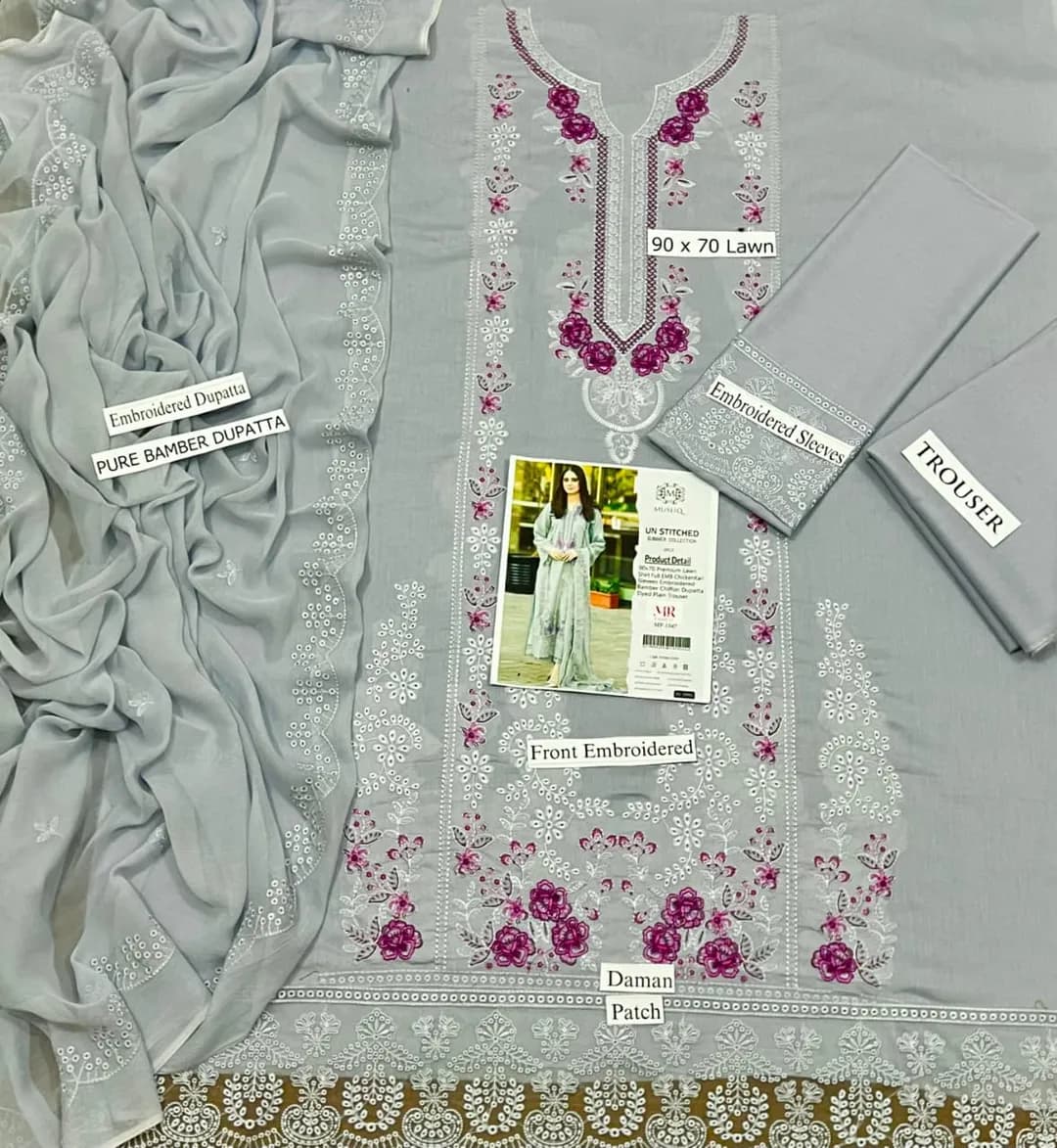 Women's 3-Piece Chikankari Lawn Suit Grey