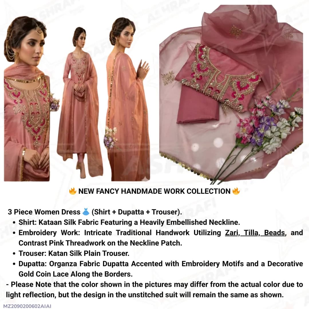 Women Unstitched Katan Silk 3PC Suit Pink Organza Dupatta