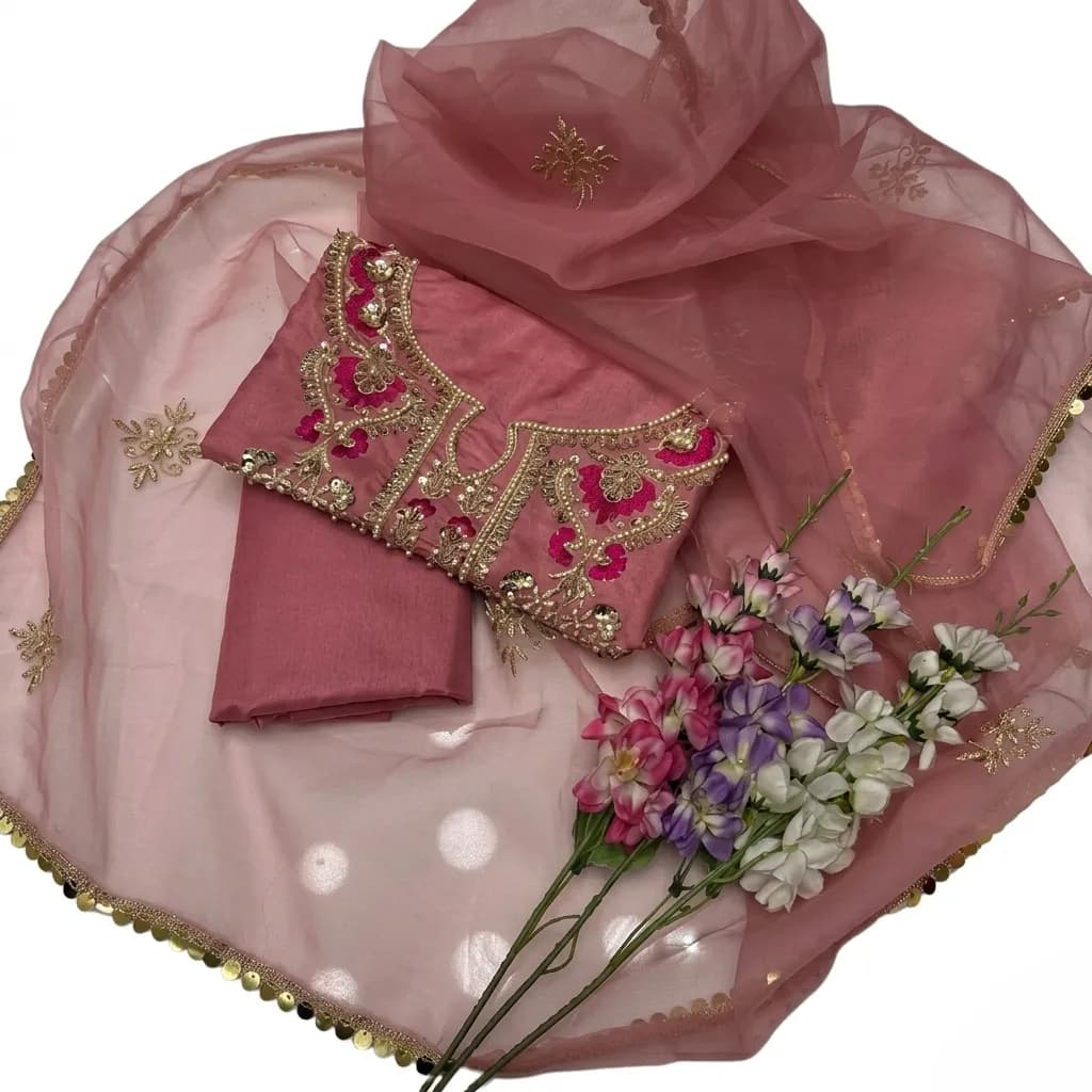 Women Unstitched Katan Silk 3PC Suit Pink Organza Dupatta