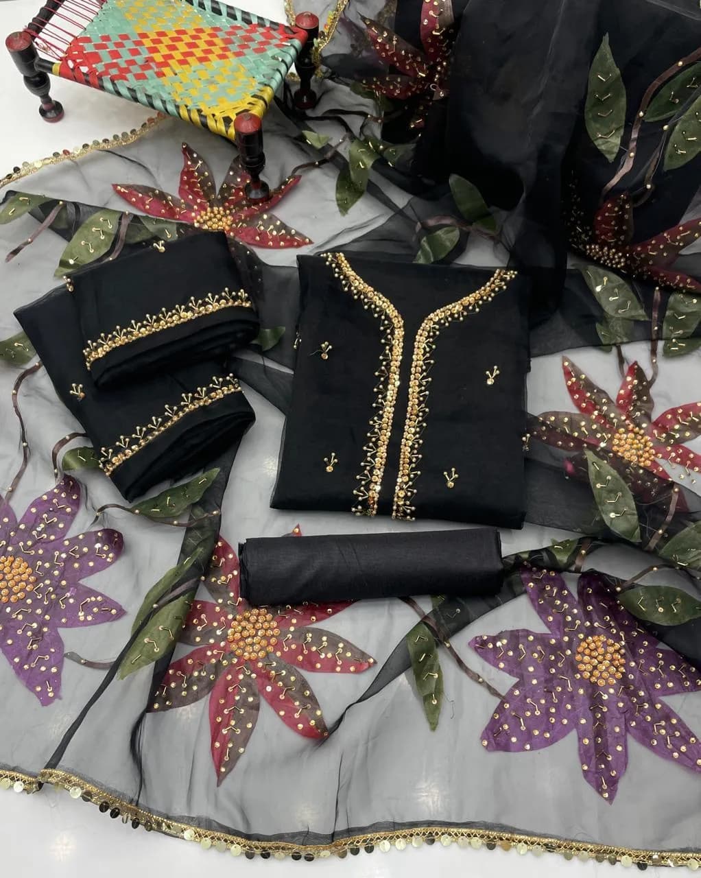 Black Organza 3 Piece Suit with Heavy Beads & Stone Work