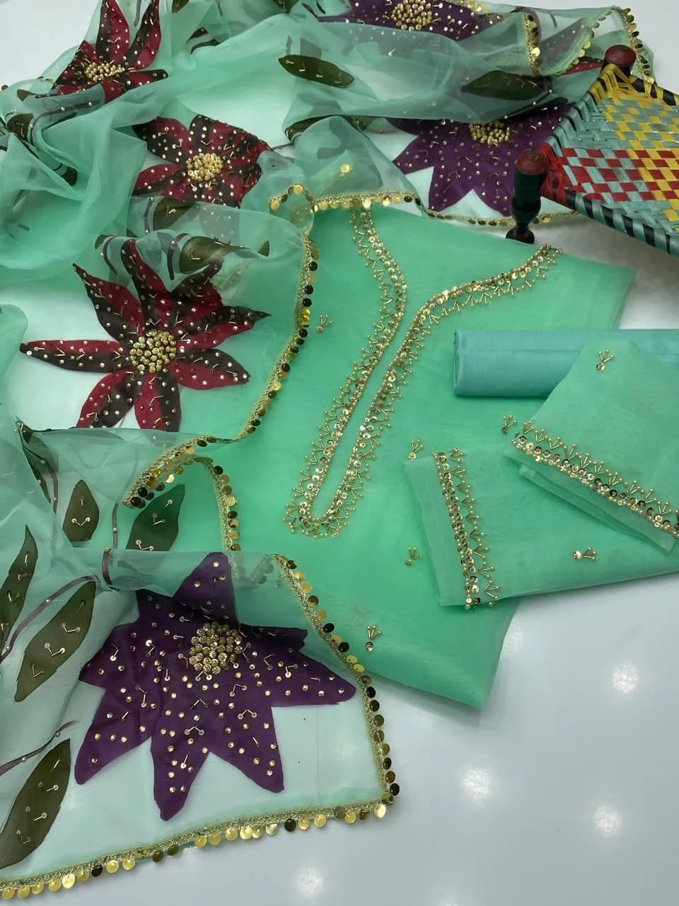 Festive Green Organza 3 Piece Suit with Heavy Stone & Beads Work