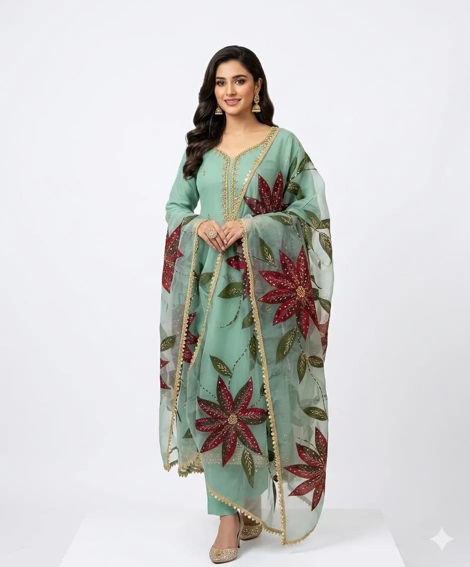 Festive Green Organza 3 Piece Suit with Heavy Stone & Beads Work