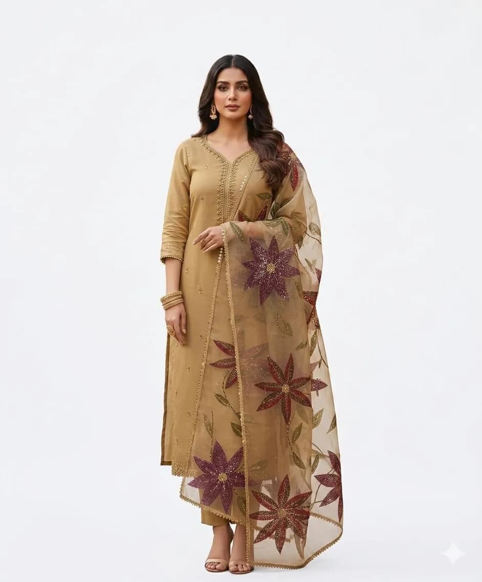 Premium Handmade Organza 3 Piece Suit with Heavy Stone & Beads Work