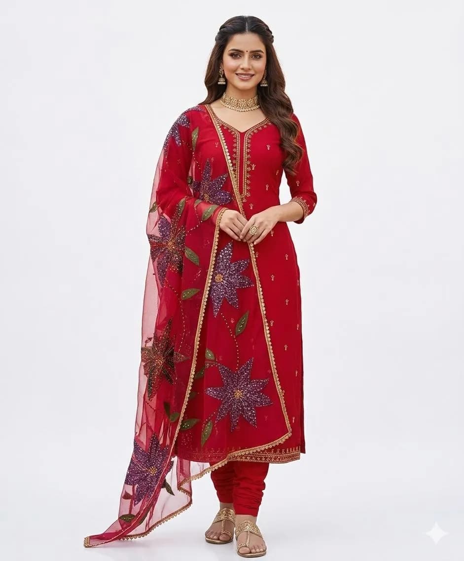 Premium Handmade Organza 3 Piece Suit Red with Beads & Oil Paint Dupatta