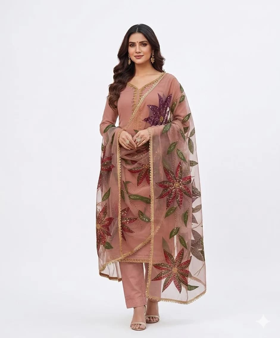 Premium Handmade Organza 3 Piece Suit with Heavy Beads & Oil Paint Dupatta