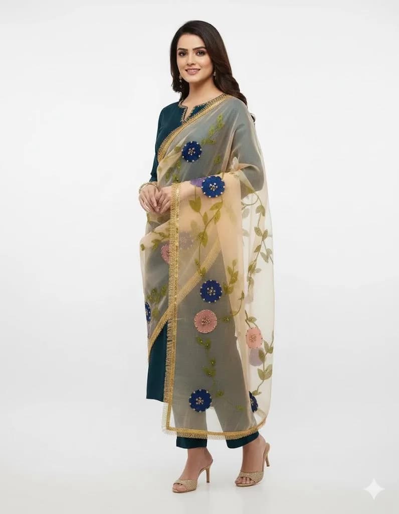 3 Piece Silk Embroidered Party Suit with Heavy Kiran Lace Dupatta